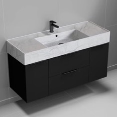 Floating Black Bathroom Vanity, Modern, 48 inch, Marble Style Sink